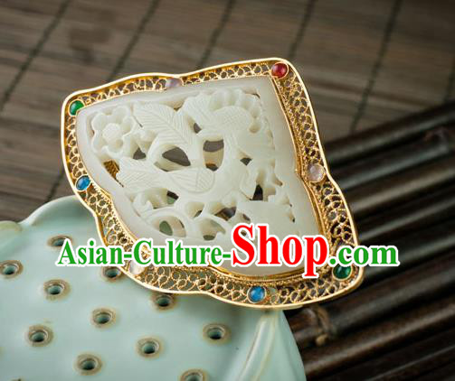 Chinese Ancient Empress Gems Hairpin Traditional Ming Dynasty Jade Carving Plum Hair Crown