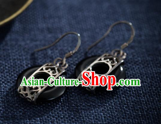 Chinese Traditional Silver Earrings Accessories National Cheongsam Dark Jade Ear Jewelry