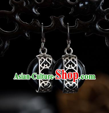 Chinese Traditional Silver Earrings Accessories National Cheongsam Dark Jade Ear Jewelry