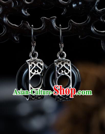 Chinese Traditional Silver Earrings Accessories National Cheongsam Dark Jade Ear Jewelry