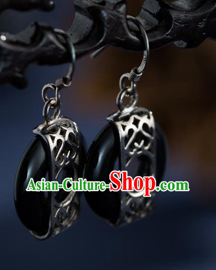 Chinese Traditional Silver Earrings Accessories National Cheongsam Dark Jade Ear Jewelry