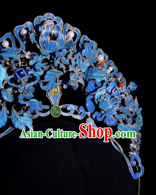 Chinese Ancient Court Queen Hair Jewelry Traditional Qing Dynasty Imperial Empress Cloisonne Hair Crown