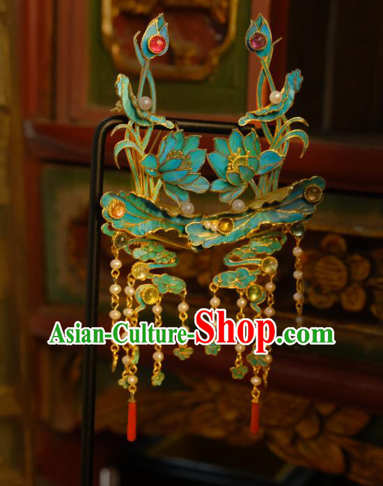 Chinese Traditional Qing Dynasty Cloisonne Lotus Earrings Accessories Ancient Court Woman Ear Jewelry