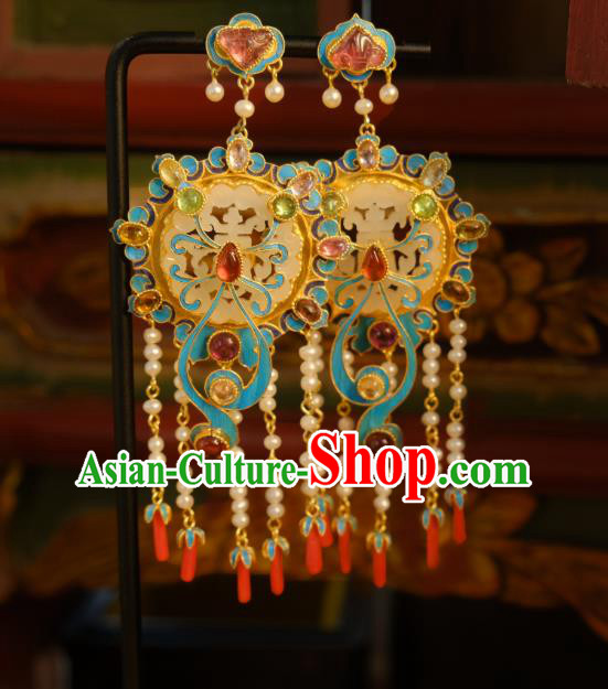 Chinese Traditional Qing Dynasty Empress Pearls Tassel Earrings Accessories Ancient Queen Tourmaline Jade Ear Jewelry