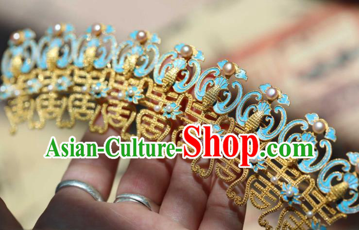 Chinese Ancient Empress Cloisonne Phoenix Hair Crown Handmade Hair Accessories Traditional Ming Dynasty Pearls Hairpin