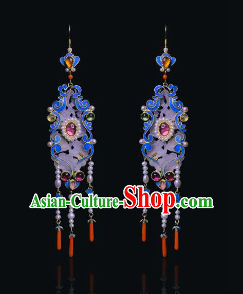 Chinese Ancient Queen Pearls Ear Jewelry Traditional Qing Dynasty Empress Jade Earrings Accessories