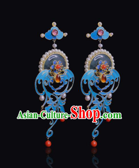 Chinese Ancient Queen Jade Ear Accessories Traditional Jewelry Qing Dynasty Empress Pearls Earrings