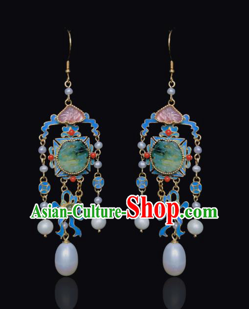 Chinese Traditional Jewelry Qing Dynasty Empress Pearls Tassel Earrings Ancient Queen Jade Ear Accessories