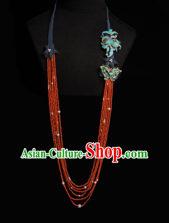 China Traditional Jade Butterfly Necklace Jewelry Accessories Qing Dynasty Red Beads Necklet Pendant