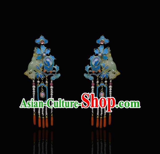 Chinese Traditional Agate Jewelry Qing Dynasty Empress Jade Earrings Ancient Queen Pearls Tassel Ear Accessories