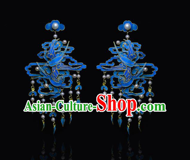 Chinese Traditional Cloisonne Jewelry Qing Dynasty Empress Pearls Tassel Earrings Ancient Queen Ear Accessories