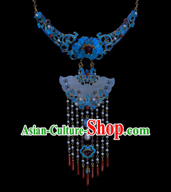 China Traditional Cloisonne Peony Necklace Jewelry Accessories Qing Dynasty Jade Butterfly Necklet Pendant