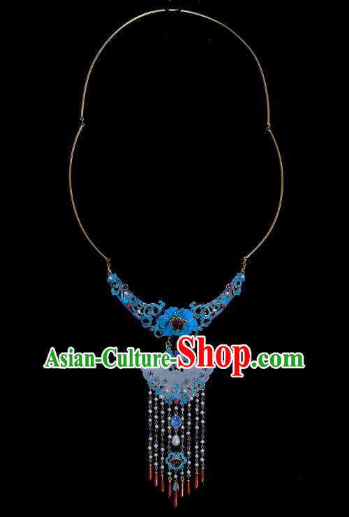 China Traditional Cloisonne Peony Necklace Jewelry Accessories Qing Dynasty Jade Butterfly Necklet Pendant