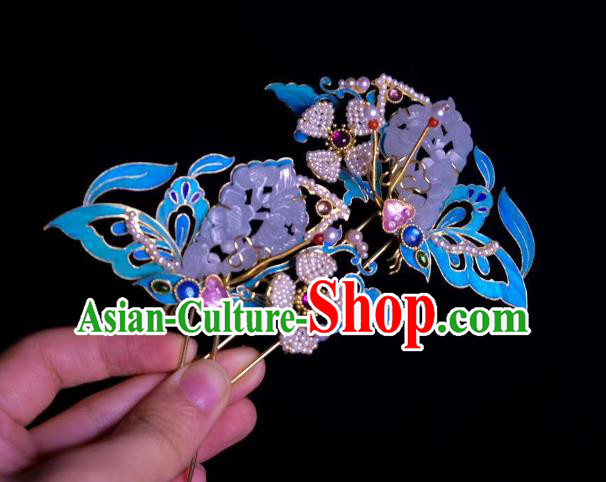 Chinese Hair Jewelry Ancient Princess Jade Hair Stick Traditional Qing Dynasty Blueing Butterfly Hairpin