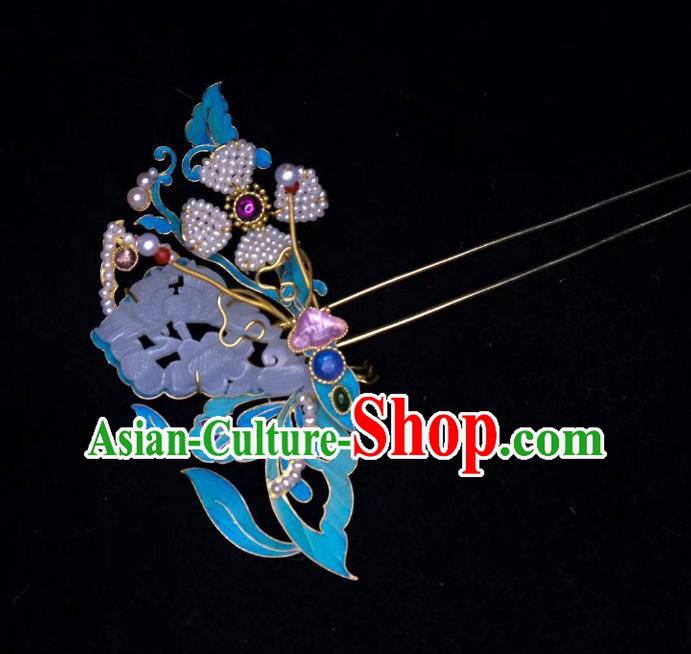Chinese Hair Jewelry Ancient Princess Jade Hair Stick Traditional Qing Dynasty Blueing Butterfly Hairpin