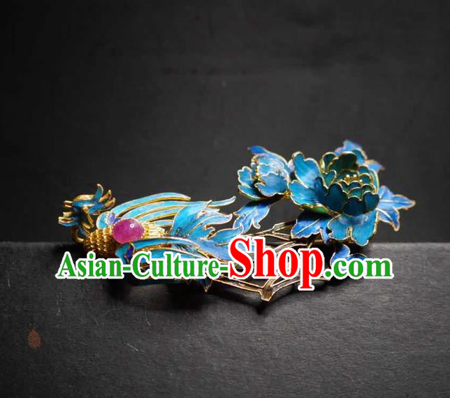Chinese Traditional Qing Dynasty Cloisonne Phoenix Peony Hairpin Hair Jewelry Ancient Princess Filigree Hair Stick