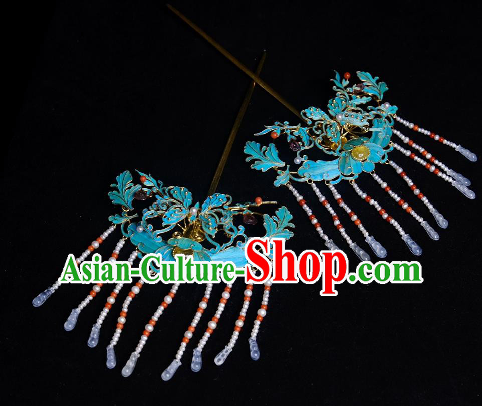 Chinese Ancient Empress Butterfly Hair Stick Traditional Qing Dynasty Jade Pearls Tassel Hairpin Hair Jewelry