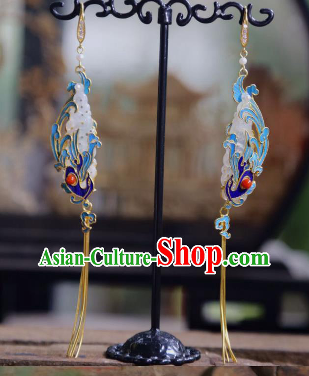 Chinese Ancient Queen Blueing Phoenix Ear Accessories Traditional Jewelry Qing Dynasty Empress Jade Earrings