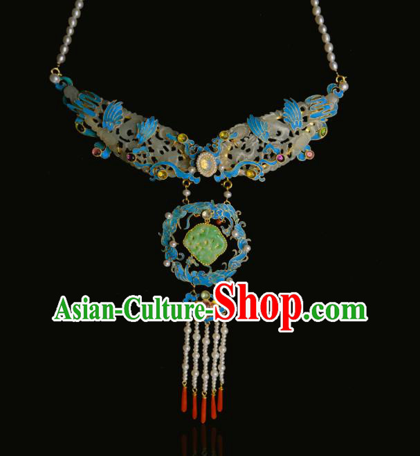 China Traditional Jade Carving Necklace Jewelry Accessories Qing Dynasty Pearls Tassel Necklet Pendant