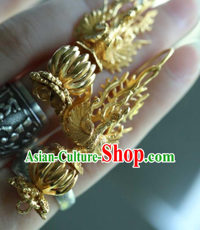 Chinese Traditional Ming Dynasty Court Earrings Accessories Ancient Palace Queen Golden Phoenix Ear Jewelry