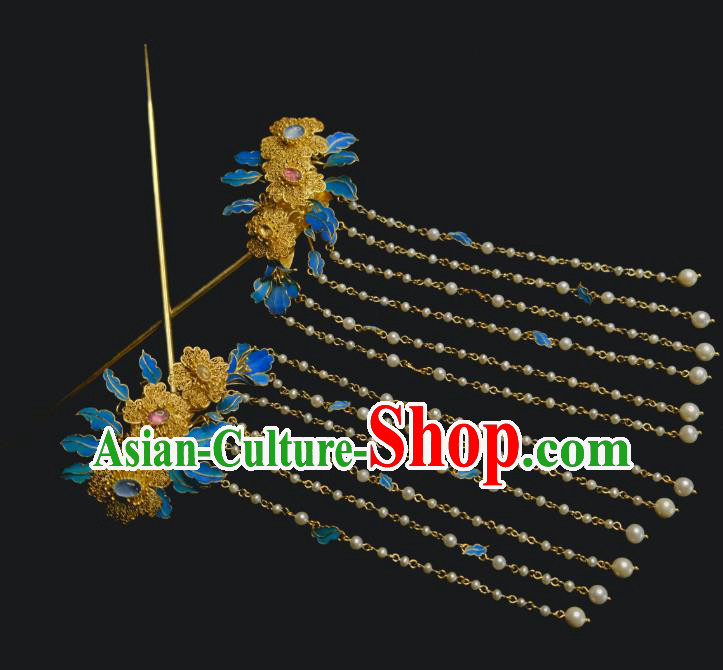 Chinese Ancient Court Empress Filigree Hair Jewelry Traditional Qing Dynasty Pearls Tassel Hairpin