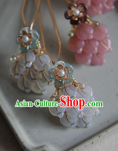 Chinese Ancient Princess Blue Flowers Hairpin Traditional Ming Dynasty Hanfu Pearls Hair Stick