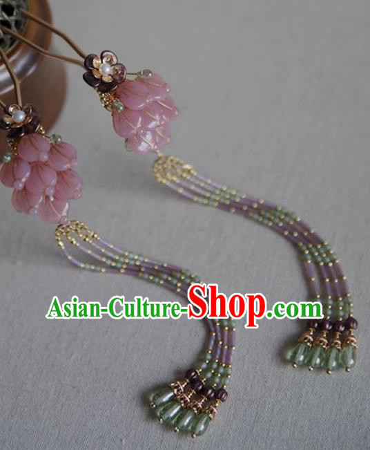 Chinese Ancient Princess Beads Tassel Hairpin Traditional Ming Dynasty Hanfu Pink Flowers Hair Stick
