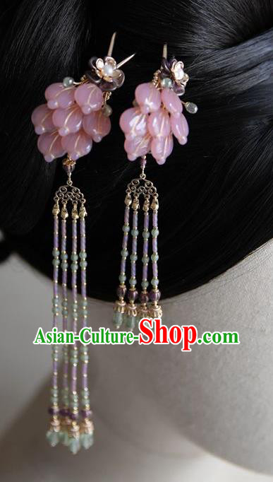 Chinese Ancient Princess Beads Tassel Hairpin Traditional Ming Dynasty Hanfu Pink Flowers Hair Stick