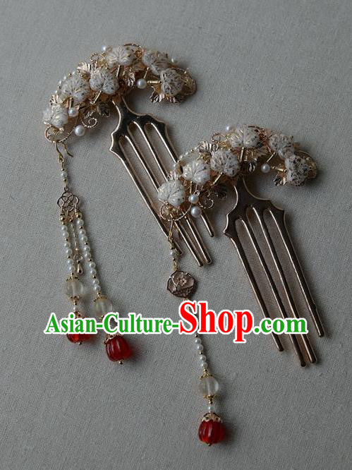 Chinese Traditional Hanfu Agate Tassel Hair Comb Ancient Song Dynasty Princess White Leaf Pearls Hairpin