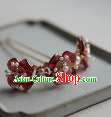 Chinese Traditional Hanfu Pearls Hair Stick Ancient Song Dynasty Princess Red Flowers Hairpin