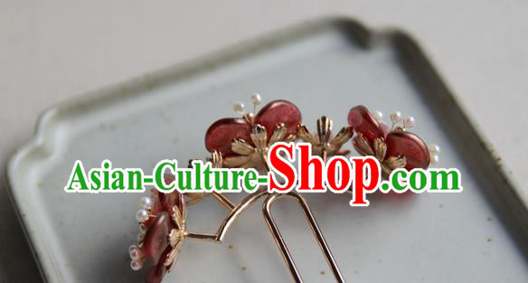 Chinese Traditional Hanfu Pearls Hair Stick Ancient Song Dynasty Princess Red Flowers Hairpin