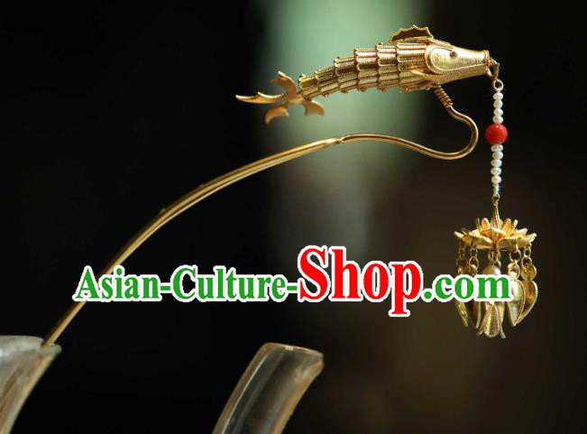 Chinese Handmade Hair Accessories Ancient Empress Golden Lotus Fish Hair Stick Traditional Pearls Tassel Hairpin