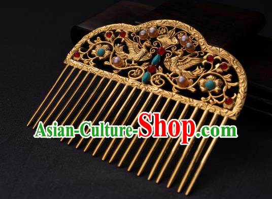Chinese Traditional Tang Dynasty Empress Pearls Hairpin Ancient Queen Golden Phoenix Hair Comb
