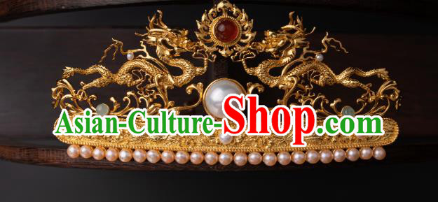 Chinese Ancient Queen Golden Dragons Hair Crown Traditional Ming Dynasty Empress Pearls Hairpin
