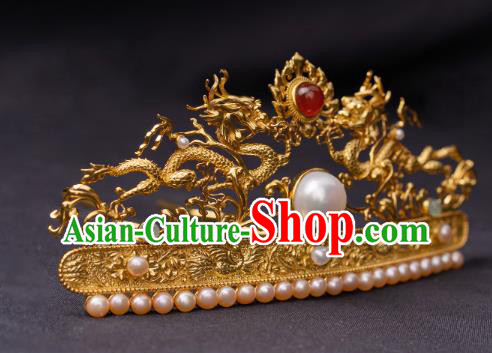 Chinese Ancient Queen Golden Dragons Hair Crown Traditional Ming Dynasty Empress Pearls Hairpin