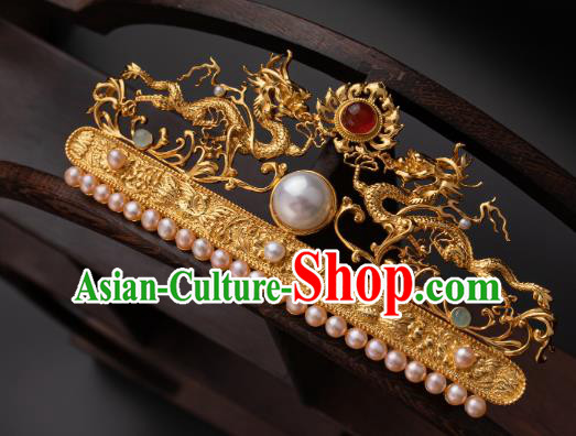 Chinese Ancient Queen Golden Dragons Hair Crown Traditional Ming Dynasty Empress Pearls Hairpin