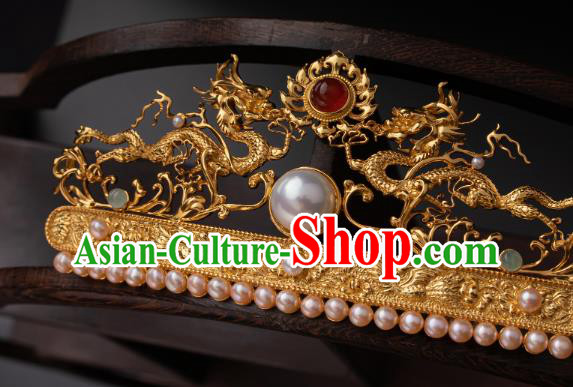 Chinese Ancient Queen Golden Dragons Hair Crown Traditional Ming Dynasty Empress Pearls Hairpin