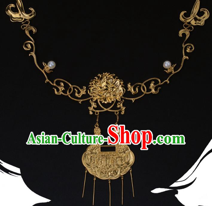 China Traditional Ming Dynasty Golden Tassel Necklace Jewelry Accessories National Longevity Lock Pendant