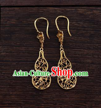 Chinese Ancient Queen Filigree Ear Jewelry Traditional Ming Dynasty Golden Gourd Earrings Accessories