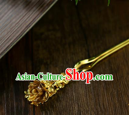 Chinese Ancient Court Woman Pearl Hair Stick Traditional Ming Dynasty Wedding Golden Hairpin