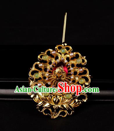 Chinese Ancient Hanfu Hair Accessories Golden Lotus Hairpin Traditional Ming Dynasty Pearls Hair Crown