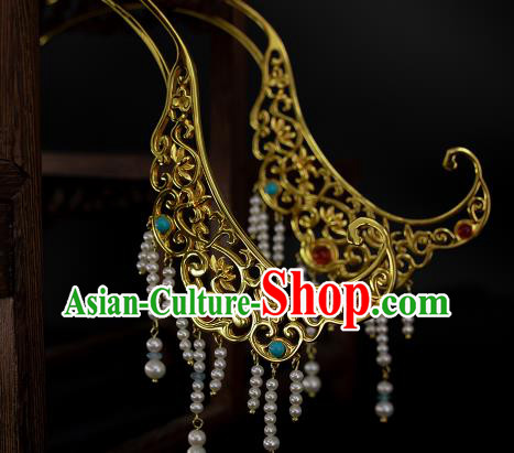 Chinese Handmade Pearls Tassel Hairpins Ancient Hanfu Hair Accessories Traditional Ming Dynasty Golden Hair Sticks