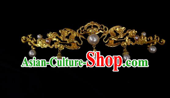 Chinese Ancient Hanfu Hair Accessories Traditional Ming Dynasty Golden Crane Hair Crown Handmade Pearls Tassel Hairpins