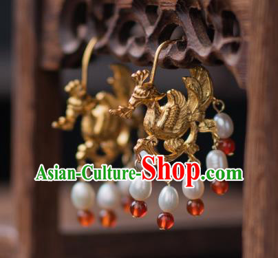 Chinese Traditional Song Dynasty Empress Golden Phoenix Earrings Accessories Ancient Queen Pearls Ear Jewelry