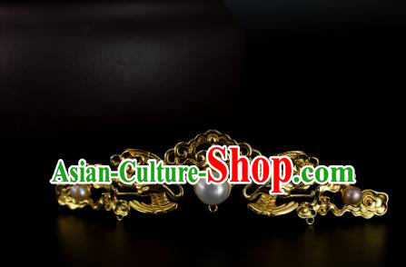 Chinese Ancient Empress Golden Hairpin Handmade Hair Accessories Traditional Ming Dynasty Pearls Hair Crown