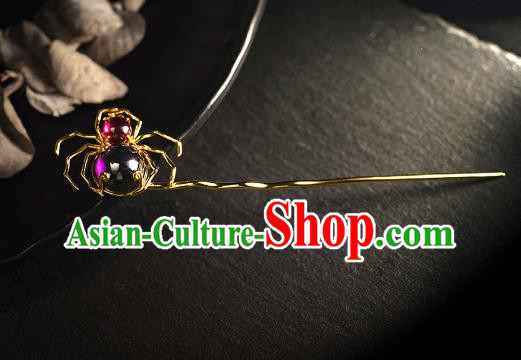 Chinese Ancient Court Queen Amethyst Hairpin Handmade Hair Accessories Traditional Ming Dynasty Golden Spider Hair Stick