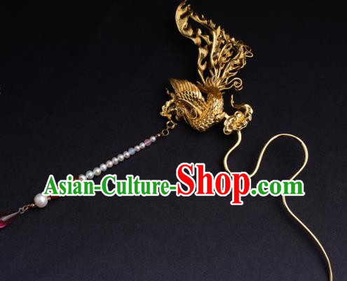 Chinese Ancient Empress Pearls Tassel Hairpin Handmade Hair Accessories Traditional Ming Dynasty Golden Phoenix Hair Stick