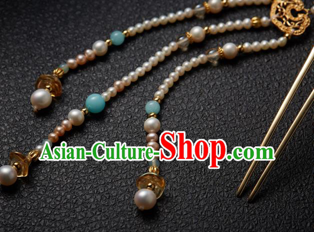 Chinese Traditional Tang Dynasty Golden Lotus Hair Stick Ancient Princess Pearls Tassel Hairpin