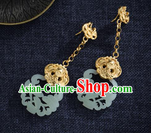 Chinese Ancient Empress Golden Ear Jewelry Traditional Ming Dynasty Jade Carving Lotus Earrings Accessories