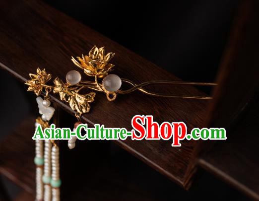 Chinese Ancient Song Dynasty Empress Golden Lotus Hairpin Traditional Hanfu Pearls Tassel Hair Stick